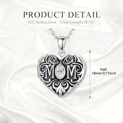 Mom Photo Locket Necklace 925 Sterling Silver Mothers Necklace Mother Photo Locket Pendant Mom Jewelry for Mother's Day - color: mom-text-photo