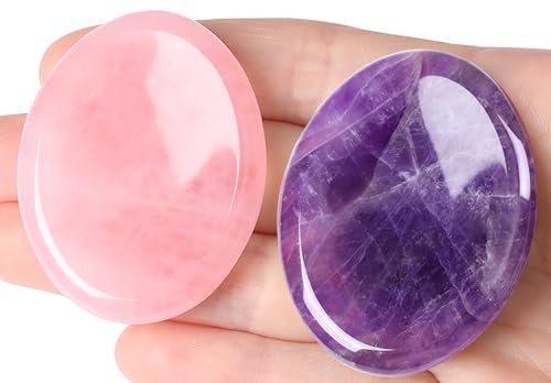QINJIEJIE 2PCS Thumb Worry Stones for Anxiety Rose Quartz Amethyst Crystals - color: B-amethyst & Rose Quartz