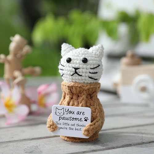 Positive Crochet Animals Cat – “You are Pawsome” Valentines Day Gifts for Him Her Boyfriend Girlfriend Women Teens, Emotional Support & Cheer Up Present, Teacher Appreciation, Birthday Gift - color: Cat-white-awesome