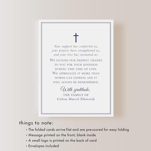 Navy Blue Funeral Thank You Cards with Cross | Personalized, 4.25x5.5, Sympathy Acknowledgement Cards, With Envelopes, Folded Card