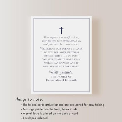 Navy Blue Funeral Thank You Cards with Cross | Personalized, 4.25x5.5, Sympathy Acknowledgement Cards, With Envelopes, Folded Card