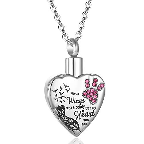 Fashion Pet Cremation Jewelry Stainess Steel Heart Keepsake Ashes Necklace Dog Cat Paw Memorial Urn Pendant - color: Silver-Feather-Pink