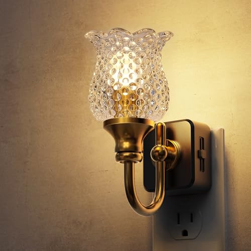 L LOHAS LED Night Light,Decor Night Lights Plug into Wall | 3000K Soft White LED Floral Night Lights with Auto Sensor, 0-100lm Adjustable Brightness, for Hallway Bedroom Stairway - color: Gold Ring-Spotted flower 3000K, size: 1 Pack