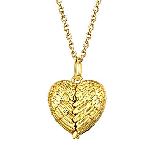 Bestyle Sterling Silver Heart Locket Necklace for Women, Dainty Cute Small Heart Locket Pendant in Gold/Rose Gold/Silver, Love Statement Jewelry Gift for Mother Wife - color: D1. Angel Wing-Gold-Locket Only, NO Custom