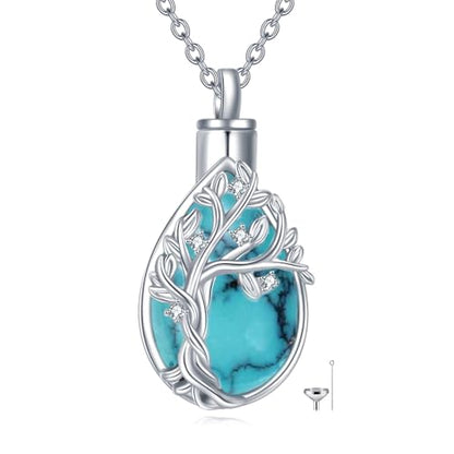Diamond Tree of Life Urn Necklace for Ashes 925 Sterling Silver Family Tree of Life Cremation with Funnel Filler Ash Holder Keepsake Memorial Jewelry Gifts for Women,18+2 inch - style: Style 1-Turquoise