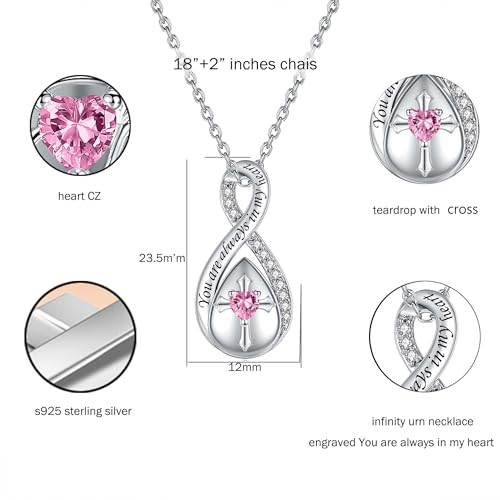 ZOEXUE Infinity Cross Cremation Jewelry - S925 Sterling Silver Cross Urn Necklace for Women - Birthstone Cross with Heart CZ Ashes Keepsake Pendant Memorial Urn Jewelry Gift for A Loss Loved Ones - color: pink
