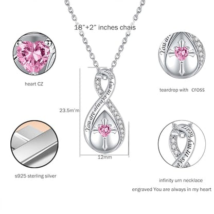 ZOEXUE Infinity Cross Cremation Jewelry - S925 Sterling Silver Cross Urn Necklace for Women - Birthstone Cross with Heart CZ Ashes Keepsake Pendant Memorial Urn Jewelry Gift for A Loss Loved Ones - color: pink