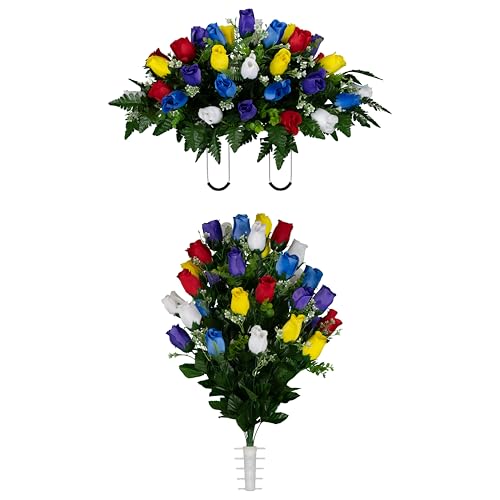 Sympathy Silks Artificial Cemetery Flowers - Gravesite Flowers - Multi Color Roses - (1) Headstone Flower Saddle & (1) Matching Bouquet - color: Multi Color Roses, size: (1) Saddle (1) Bouquet