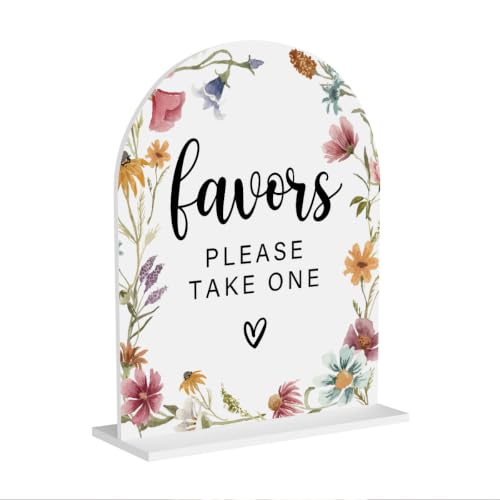 Acrylic Wedding Sign, Bridal Shower Decorations, Favors Please Take One Sign for Ceremony, Modern Font Table Signs, White Wildflowers Acrylic Table Top Signs for Wedding Reception 8x10 Inch - color: Favors Please Take One