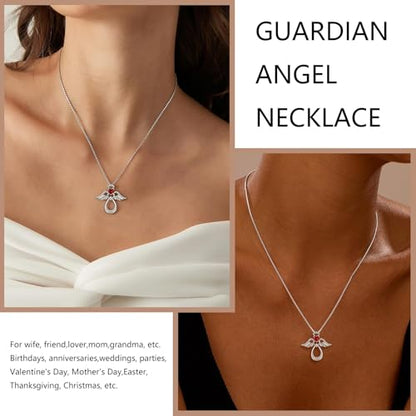 925 Sterling Silver Guardian Angel Pendant Necklace for Women with Birthstone Cubic Zirconia Little Angel Pendant Necklace Jewelry 18 inch Chain - color: 01-Jan-Garnet