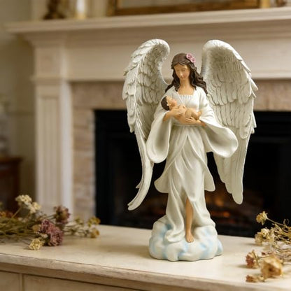 Guardian Angel Holding Baby Statue, 12.6 Inch Resin Memorial Angel Decor | Hand-Painted Keepsake For Memorial Spaces, Prayer Corners And Peaceful Home Displays