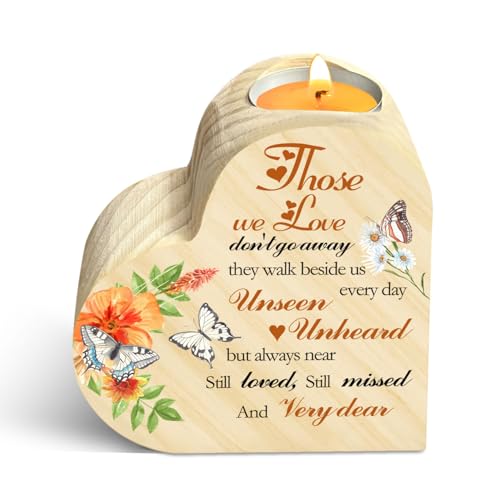 Memorial Candle Holder - Wooden Heart Shape With Double Sided Printing for Loss of One, Sympathy Gift for Loss of Father or Mother, Floral Butterflies Decor Bereavement - color: Candle-flower-those