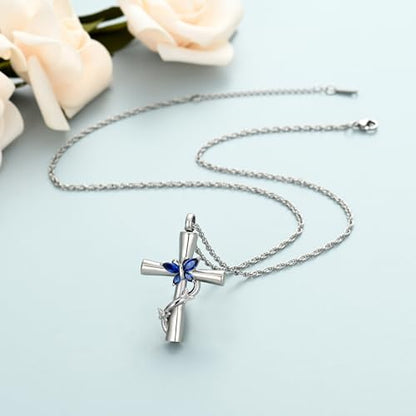 shajwo Butterfly Cross Urn Necklaces for Ashes for Women Men - color: Silver-Blue