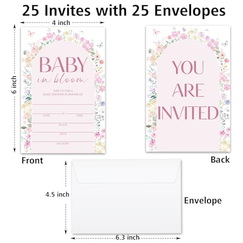 Baby in Bloom Baby Shower Invitations for Girls Boys, Floral Baby Announcement Invite Cards, 25 Set of Fill-in Baby Shower Invites with Envelopes, Gender Reveal Party Supplies -B06 - color: Floral-01