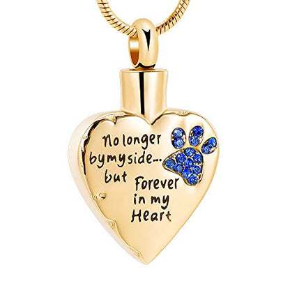 memorial jewelry No Longer by My Side,But Forever in My Heart Carved Locket Cremation Urn Necklace for Pet Dog Cats - color: Gold-Blue