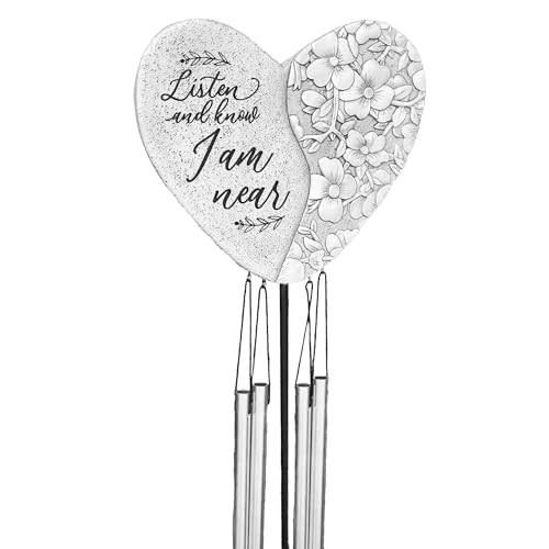Memorial Heart Wind Chime – “Listen and Know I Am Near” Sympathy Garden Stake, Outdoor Bereavement Gift, Remembrance Decor with Metal Chimes