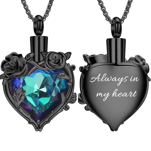 Rose Flower Cremation Urn Necklace for Ashes Heart Crystal Memorial Jewelry for Women Urn Keepsake Pendant Human Pet Memorial Locket Holder - color: A-Black (Blue Stone) - Always in my heart