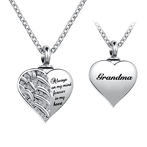 Guardian Angel Wings Cremation Jewelry for Ashes Heart Crystal Urn Necklaces for Ashes Memorial Keepsake Necklace Always on Mind Forever in My Heart - style: Grandma