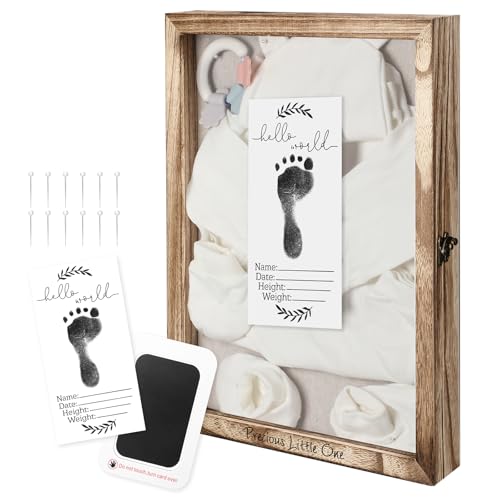 Jetec 12 x 16 Baby Shower Shadow Box Large Baptism Gift Baby Keepsake Box with Linen Back Hello World Newborn Sign Ink Pad Wood Memory Frame Case for Gender Reveal New Dad Mom Keepsake(Wood Color) - color: Wood Color