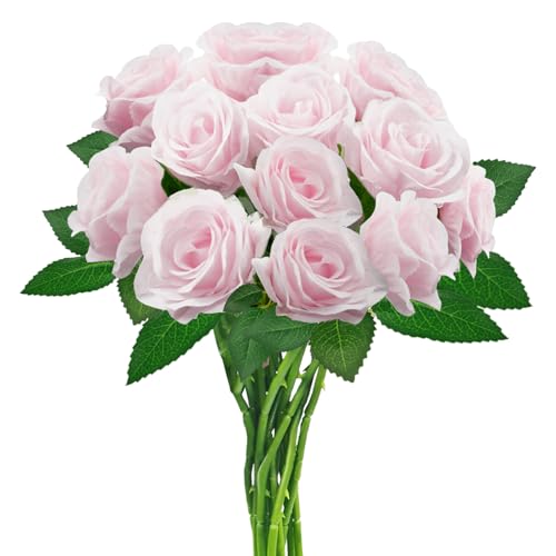 hailanbao 12PCS Pink Artificial Roses with Long Stems, Silk Faux Flowers | realistic pink silk roses with flexible stems for DIY bouquets, centerpieces, weddings and home décor. - color: Pink