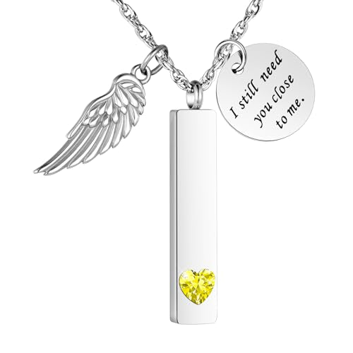 XIUDA Cremation Jewelry for Ashes with Angel Wing Charm Vertical Bar Urn Necklace Stainless Steel Memorial Keepsake Pendant for Women - color: Yellow