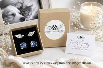 925 Sterling Silver Paw Print and Angel Wing Stud Earrings with Jewelry Box and Sympathy Card, Pet Memorial Gift for Dog or Cat Loss Remembrance - color: Deep Blue