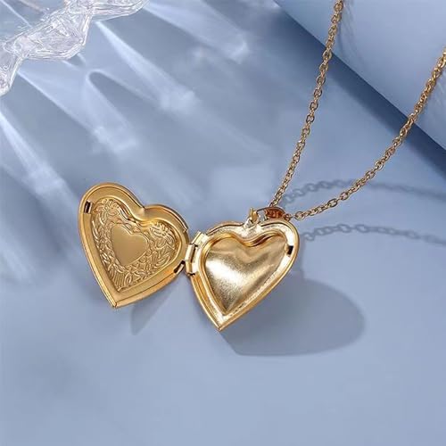 Gold Locket Necklace for Women, Vinatge Heart Oval Butterfly Angel Engraved Pendant that Holds Picture Photo Locket Memorial Necklace Personalized Jewelry Birthday Gifts - color: Heart/Gold