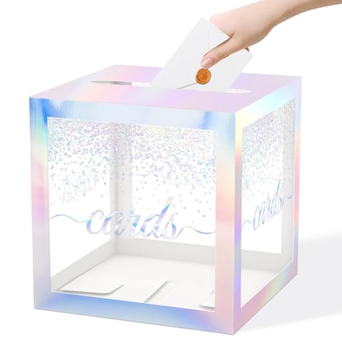QISOLIY Iridescent Clear Card Box for Party 8.7" Wedding Card Boxes for Reception Holder Money Box for Birthday, Baby & Bridal Shower, Graduation, Retirement, Anniversaries Party Decoration - color: Iridescent