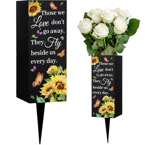 WEBEEDY Sunflower Butterfly Cemetery Vase Metal Grave Vases with Spike, Memorial Vase Grave Ornaments Condolences Sympathy Gifts for Loss of Loved One Memorial Day, 1pc, 3.1x7.9 Inch