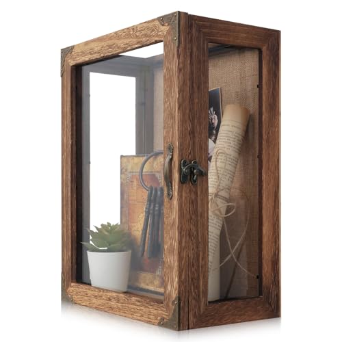 Shadow Box Display Case 11x14 Deep with Glass on 4 Sides, 6.2in Depth Wall Mounted Memory Box for Keepsakes, Wooden Display Case for Graduation Cap, Jersey, Wedding, Medals – Rustic Shadowbox Frame - color: 03