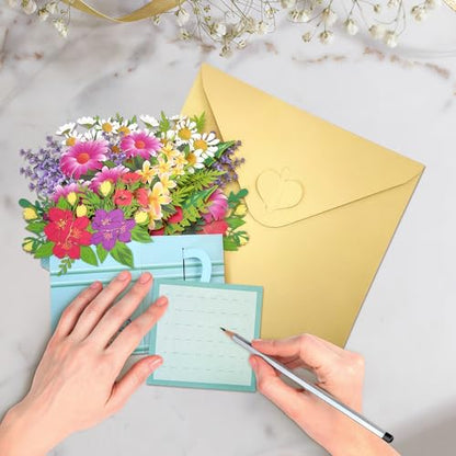 Pop Up Birthday Card for Mom, Sister, Daughter | Watering Can & Wildflower Bouquet 3D Greeting Card for Women, Thoughtful Birthday Gift with Envelope & Blank Note - color: Wildflower Watering Can