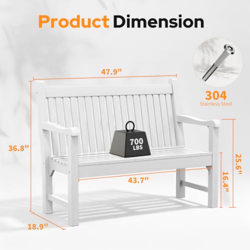 2-Person Outdoor Bench with 700 Lbs Weight Capacity, White | Poly Lumber Weatherproof Garden Bench Seating for Porch, Balcony and Park, All-Weather Patio Bench Furniture - color: White