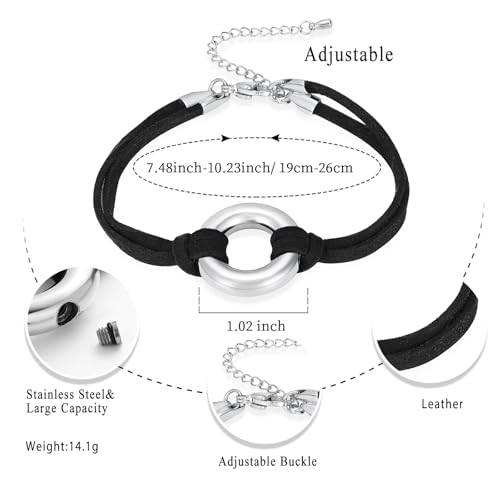 Oinsi Circle Of Life Cremation Jewelry Black Genuine Leather Memorial Urn Bracelet For Ashes Of Loved One Keepsake Holder For Women Men - color: Silver Tone