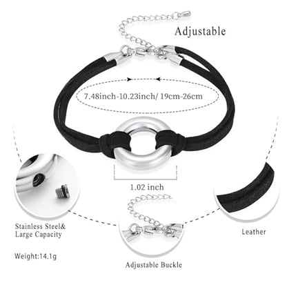 Oinsi Circle Of Life Cremation Jewelry Black Genuine Leather Memorial Urn Bracelet For Ashes Of Loved One Keepsake Holder For Women Men - color: Silver Tone