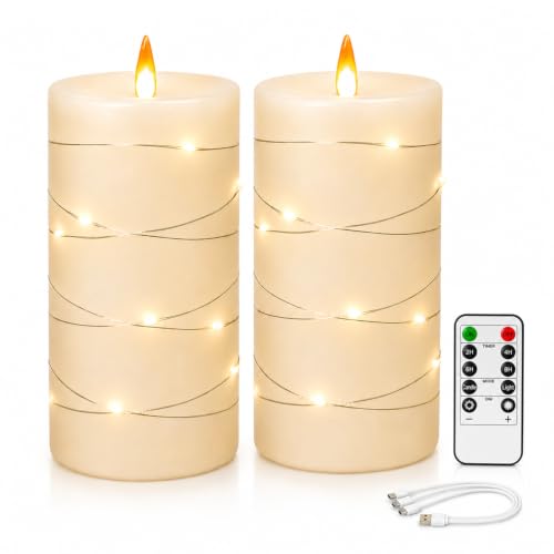 Rechargeable LED Flameless Candles with Remote, 2 Pack Ivory | Real Wax LED Candles with Remote Timer, Flickering Flame, Starlight String, Type-C Recharge, Safe Indoor Decor - color: White