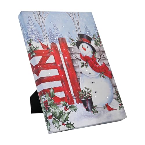 DEMAGNNIE Lighted Canvas Art 6H Timer 8x6 Snowman Tabletop Wall Dual Use - color: Snowman at Garden Gate, size: 8"L x 6"W