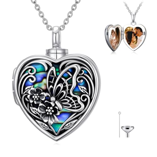 TOUPOP Heart Urn Locket Necklace for Ashes and Pictures 925 Sterling Silver Locket Cremation Jewelry with Abalone Shell Keepsake Memorial Gifts for Women（That Holds Pictures and Ashes） - style: Butterfly
