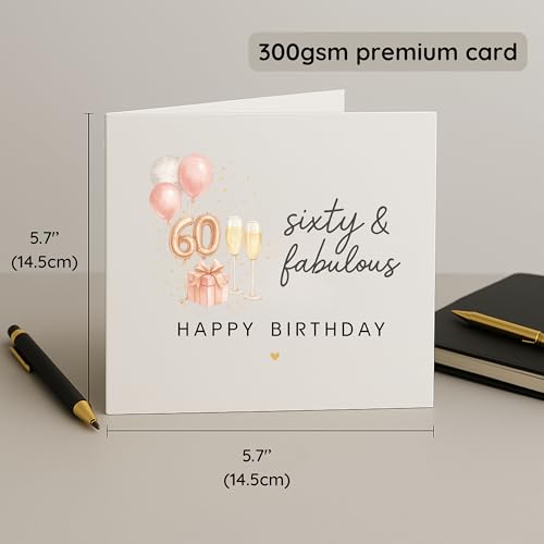 TEEMI-40th 50th 60th Birthday Card for Women - Fabulous Birthday Greeting Card with Envelope, Rose Gold Balloons Champagne Design, 300gsm Premium Cardstock, Blank Inside for Mom Sister Friend Wife (60th) - color: 60th