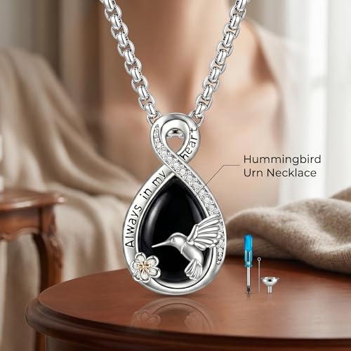 Urn Necklace for Ashes Blue opal Cremation Necklace Keepsake Memory Jewelry for Ashes of Loved Ones Keepsake - style: Hummingbird Black Obsidian