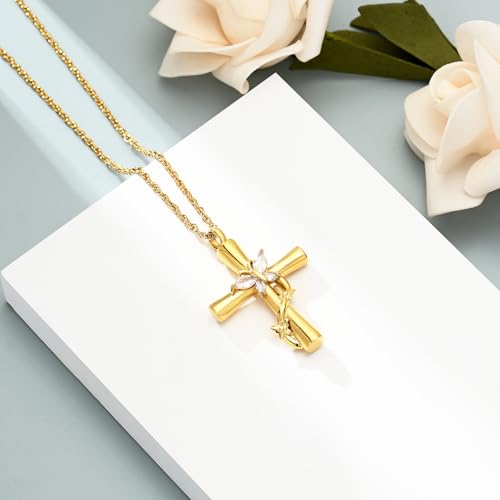 shajwo Butterfly Cross Urn Necklaces for Ashes for Women Men - color: Gold-White