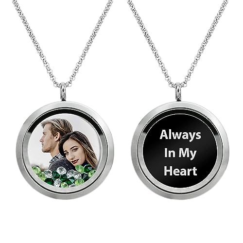 Personalized Color Photo Laser Engraved Text Message Floating Locket Crystals Pendant Necklace Handmade f/Birthday Anniversary Christmas Valentine Day Gift - color: Green - Color Photo Printing + Message Engraving