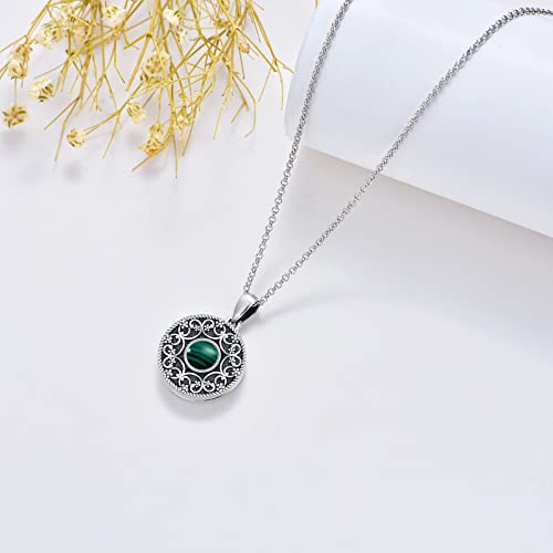 Round Locket Necklace 925 Sterling Silver Filigree/Flower Locket Necklace That Holds Pictures Birthday Christmas Jewelry Gifts for Women - color: 02-Malachite Locket