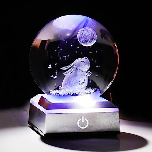 3.15'' Crystal Ball Engraved 3D Rabbit and Moon Stars, Colorful LED Base - color: Rabbit