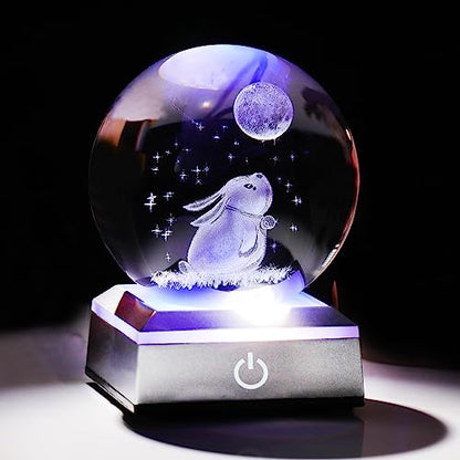 3.15'' Crystal Ball Engraved 3D Rabbit and Moon Stars, Colorful LED Base - color: Rabbit