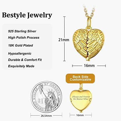 Bestyle Sterling Silver Heart Locket Necklace for Women, Dainty Cute Small Heart Locket Pendant in Gold/Rose Gold/Silver, Love Statement Jewelry Gift for Mother Wife - color: D1. Angel Wing-Gold-Locket Only, NO Custom