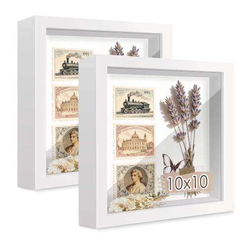 10x10 White Wooden Shadow Box Frame, Tempered Glass, 2 Pack | Black Backboard, Tabletop & Vertical/Horizontal Wall Display, Memorabilia Display, Wedding/Baby Keepsakes & Crafts - color: White, size: 10x10-2P
