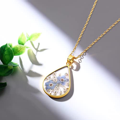 AUNTESIGN Forget-Me-Not and Queen Anne's Lace Pressed Wildflower Necklace | Birth Month Flowers Necklace | Gold/Silver Pressed Flower Jewelry | Mother's Day | Gift For Her - color: Teardrop Forget-Me-Not and Queen Anne's Lace Necklace