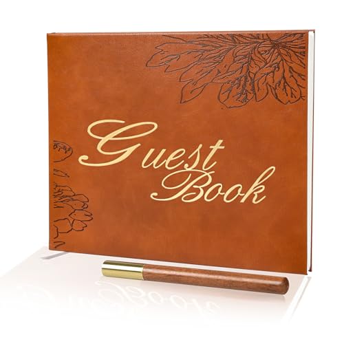Leather Wedding Guest Book,Visitor Log Guest Book for Vacation Home,Wedding Reception,Funeral,Party,Memorial Service,10.3x8'' Embossed Open House Guest Sign in Book with Wood Grain Pen for Guests - color: Brown