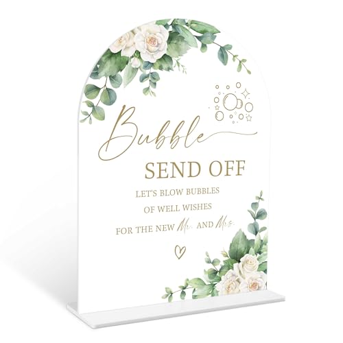 Eucalyptus Rose Bubble Send Off Sign, 6 x 8 Inch White Arch Acrylic Wedding Sign with Holder, Wedding Sign for Ceremony and Reception, Wedding Decoration, Wedding Supplies - AM14 - color: Rose Bubble Send Off, size: Eucalyptus 6X8IN