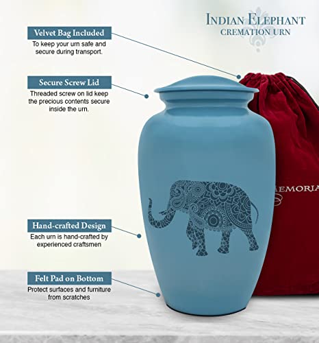 Indian Elephant Cremation Urn for Human Ashes - Handmade Cremation Urn - Adult Burial Urn - Blue Urn with Spiritual Design - Comes with Bag - color: Indian Elephant, size: 1 Large Urn